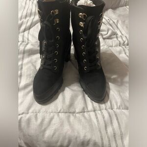 Lace up suede and leather booties